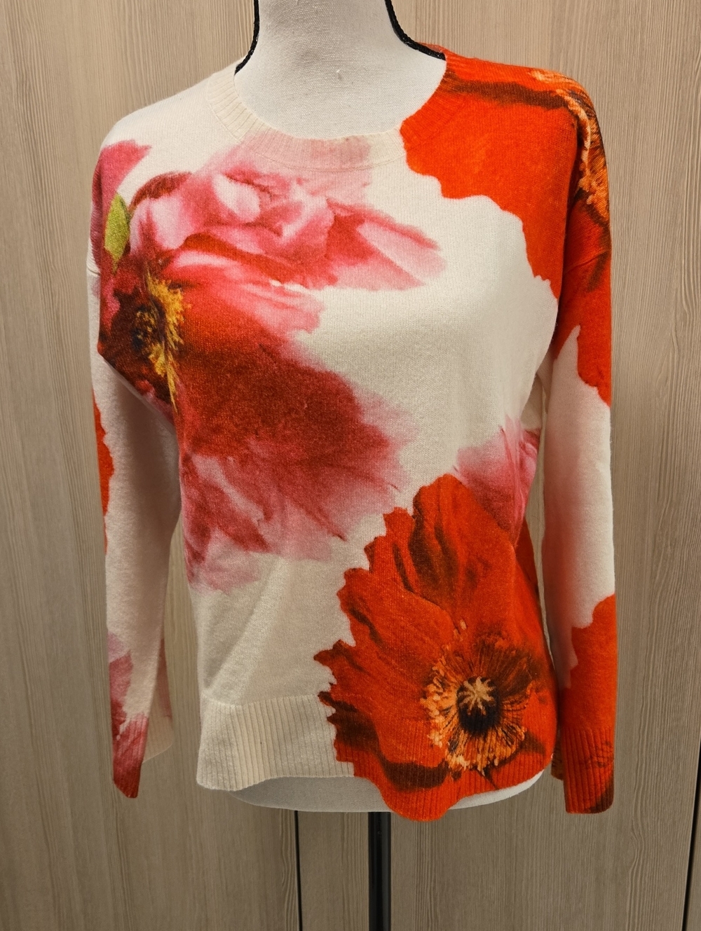 Bloomingdale's Cream Sweater with Red & Pink Floral Print